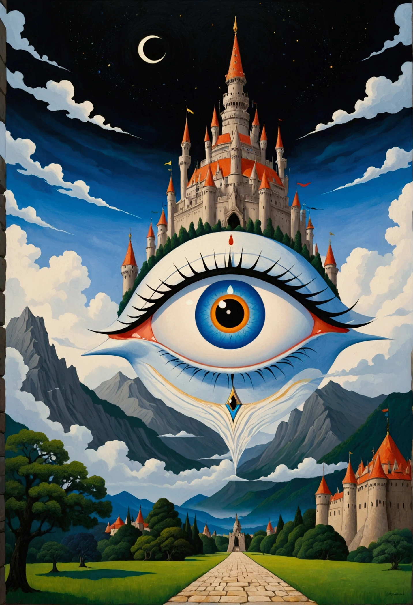 There is a big eye in the painting,There is a castle in the background, Surrealism inspired by Nagai Hiroshi, Winner of the Behance competition, Minimalism, Portrait of a mysterious giant eye, All-Seeing Eye, Third Eye Vision, Fred Tomaselli, Paul Lafley, Fantasy painting, Mysterious eyes, The Third Eye, Highly detailed fantasy art, Mysterious Eye