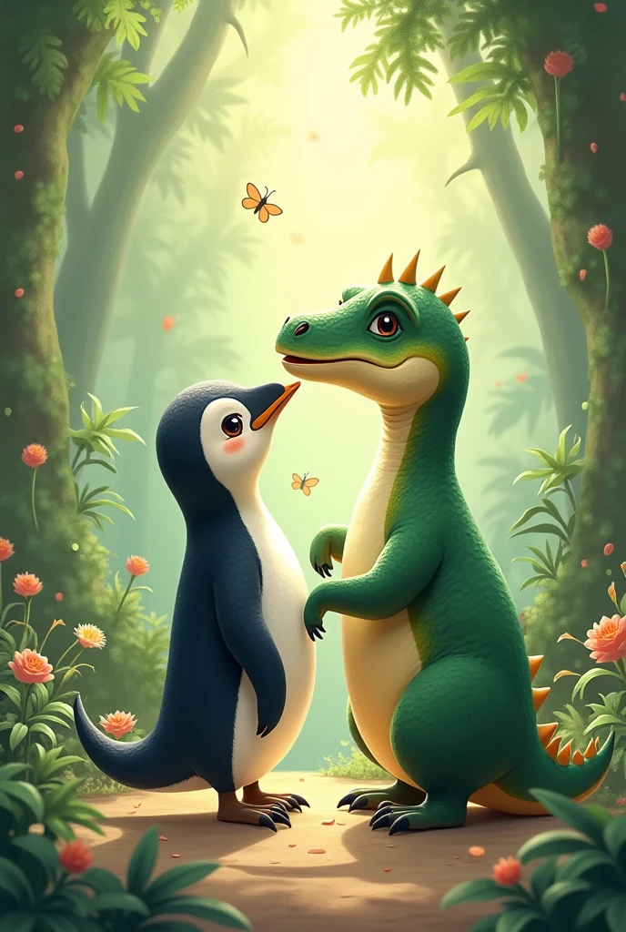 Penguin and dinosaur, adorable, in love, marry