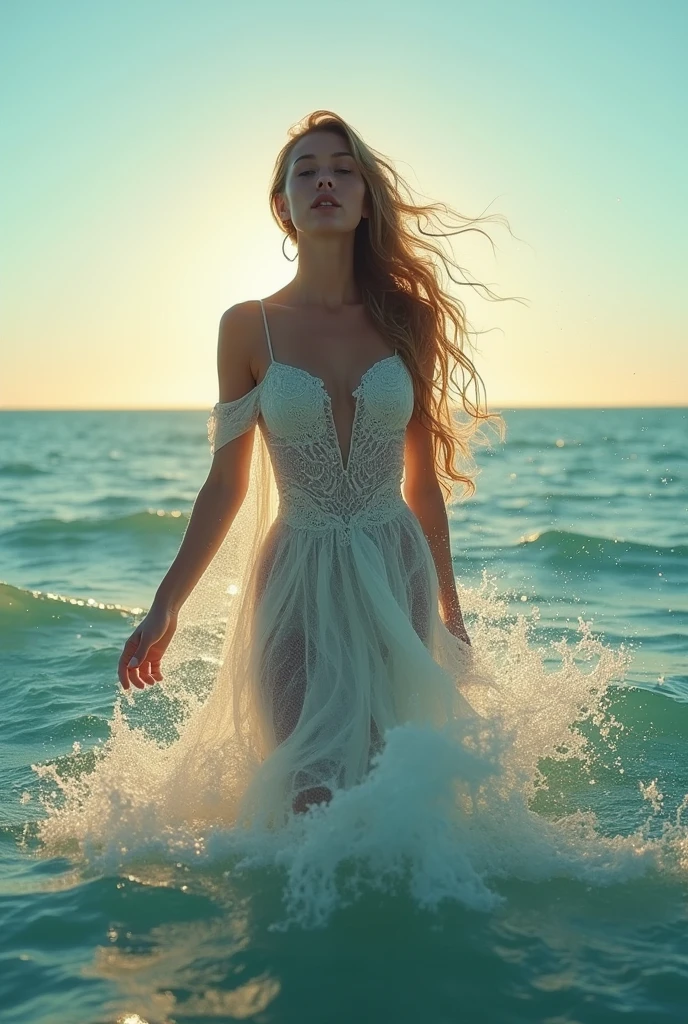 Splendid woman coming out of the ocean, ILLUMINATED BY THE SUN (Horizontal)