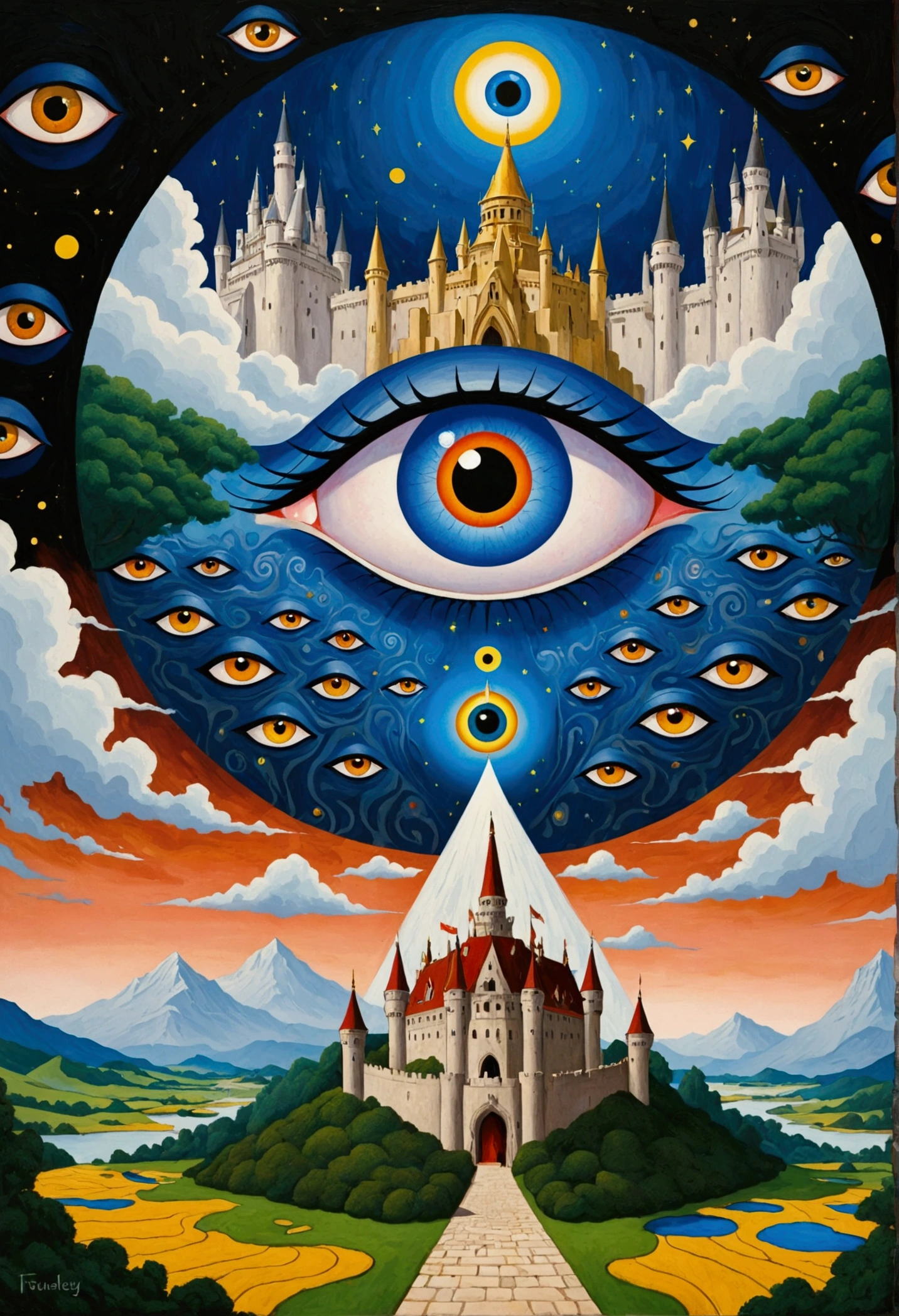 There is a big eye in the painting,There is a castle in the background, Surrealism inspired by Nagai Hiroshi, Winner of the Behance competition, Minimalism, Portrait of a mysterious giant eye, All-Seeing Eye, Third Eye Vision, Fred Tomaselli, Paul Lafley, Fantasy painting, Mysterious eyes, The Third Eye, Highly detailed fantasy art, Mysterious Eye
