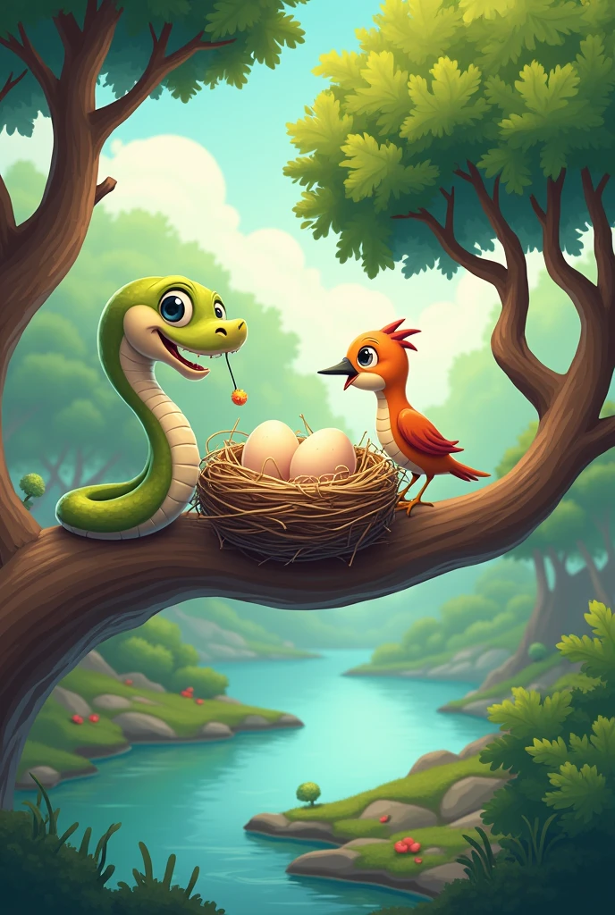 In cartoon style" A small snake eat the egg from birds nest,in the nest having three eggs, nest live on the branch of tree,two birds are present sitting on the tree,size of birds are small, tree is present on the bank of the lake and is available in the middle of the forest.