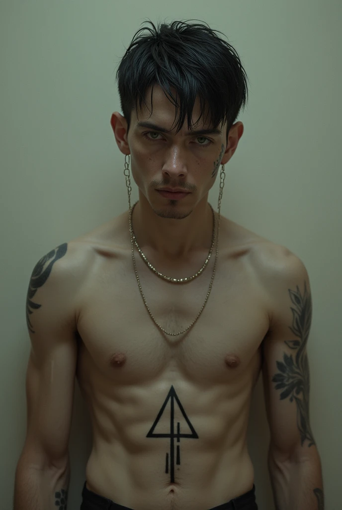 Light-skinned man with green eyes, short black hair and a tattoo on his abdomen (in triangular shape) with scars on the face