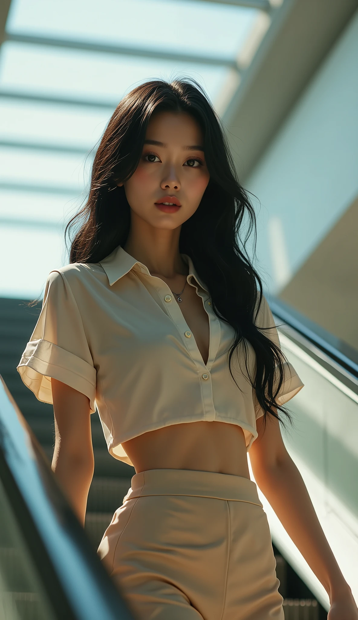 (masterpiece, best quality, 1girl, 4, japanese woman, long black hair, detailed face, beautiful eyes, sharp nose, full lips, wearing short sleeve blouse, ultra mini skirt, riding an escalator, full body, natural lighting, photorealistic, 8k, hyper detailed)