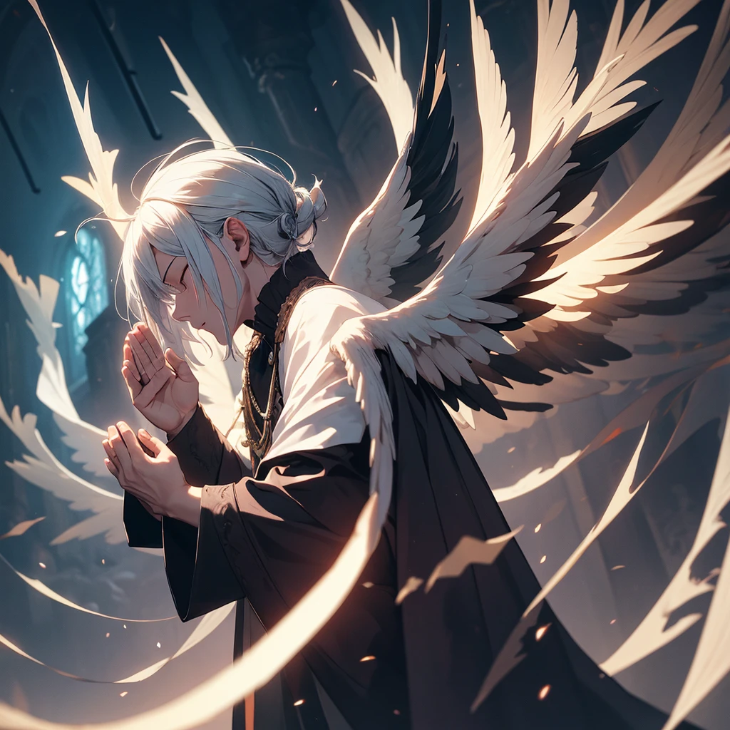 powerful being, dark mage, a man, celestial being, Angelic Wings, Praying Moment