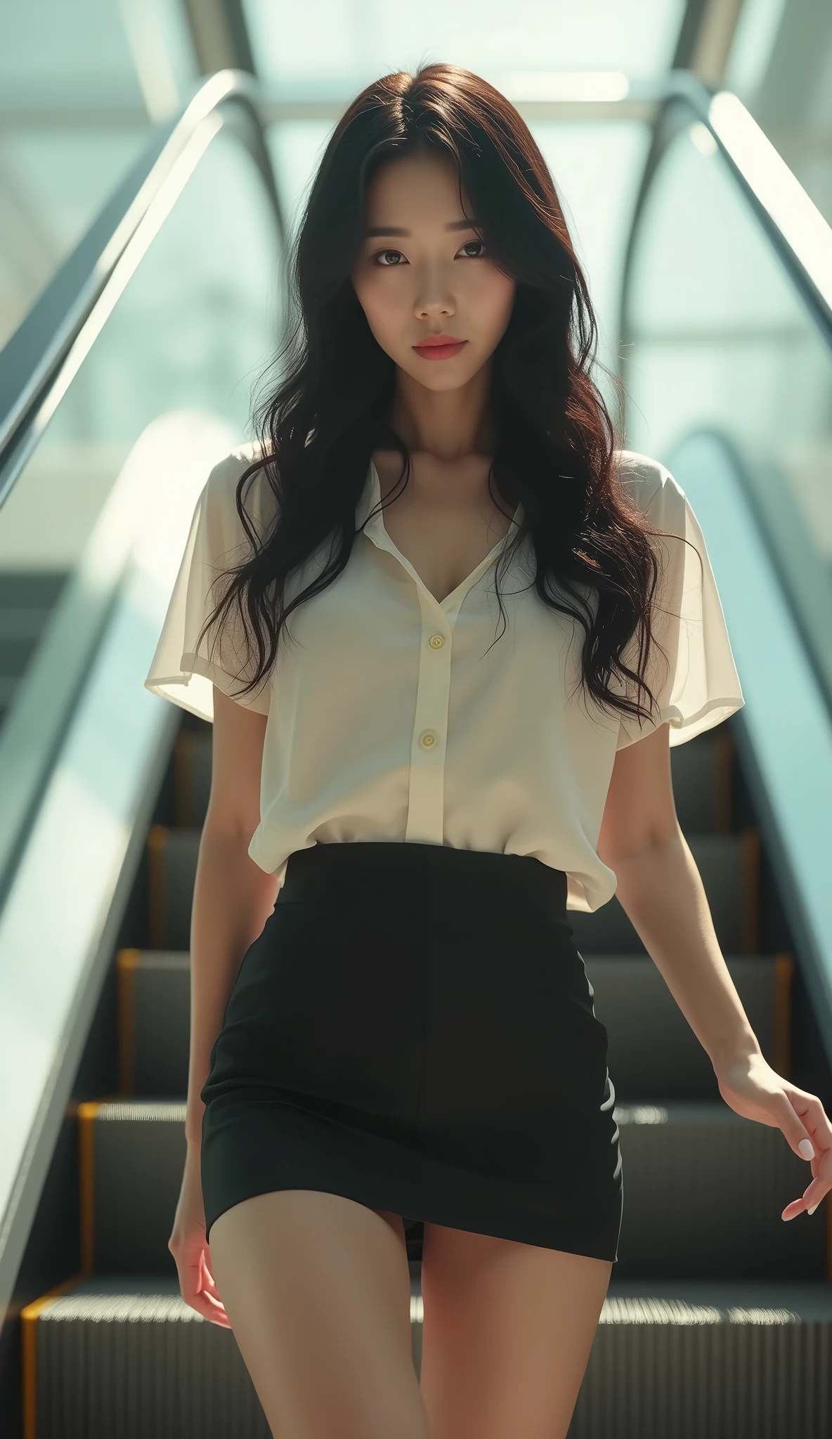 (masterpiece, best quality, 1girl, 4, japanese woman, long black hair, detailed face, beautiful eyes, sharp nose, full lips, wearing short sleeve blouse, ultra mini skirt, riding an escalator, full body, natural lighting, photorealistic, 8k, hyper detailed)