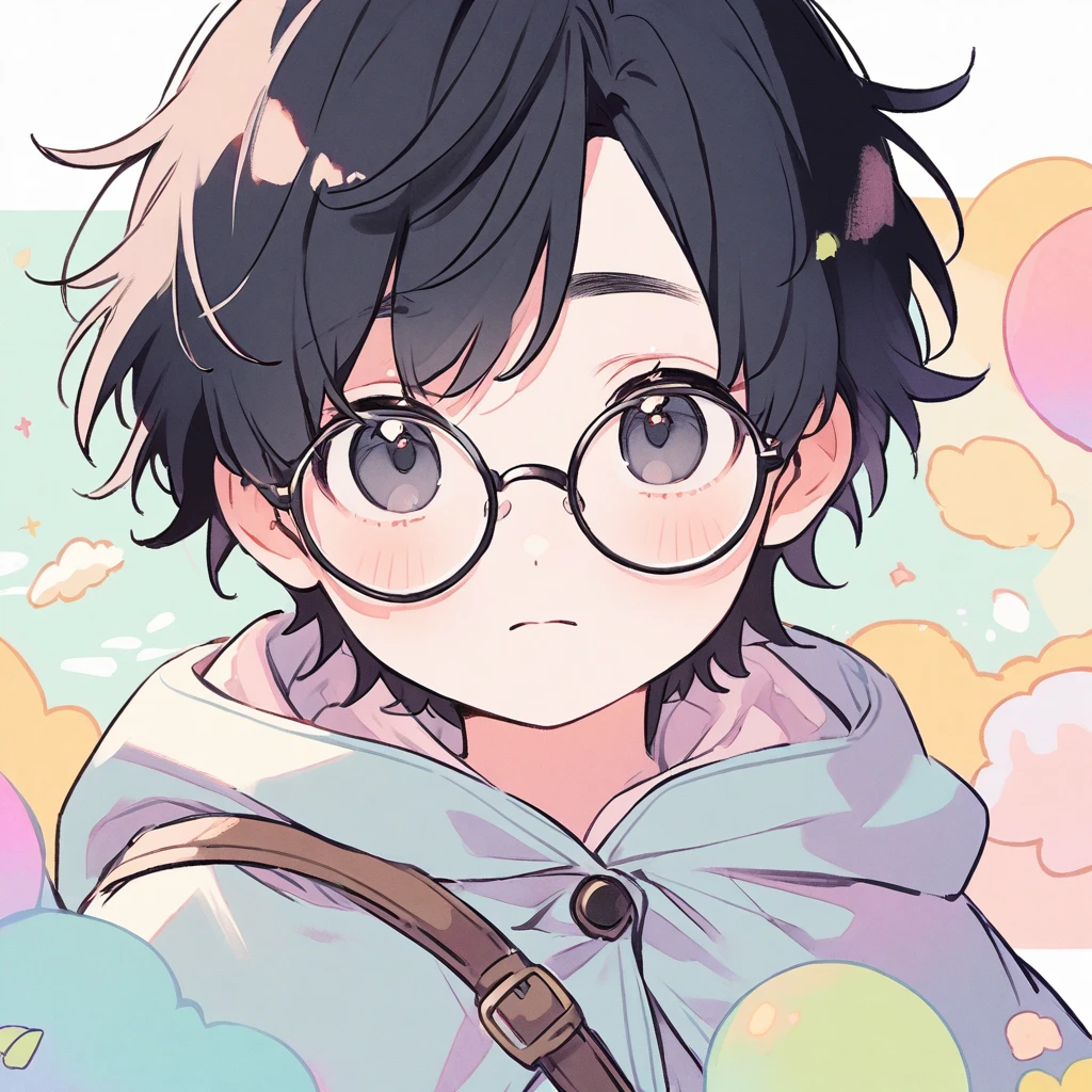 Boy, black hair, pastel colors, face close up, adventure, explorer, round glasses, simple, black eyes, cute, detective