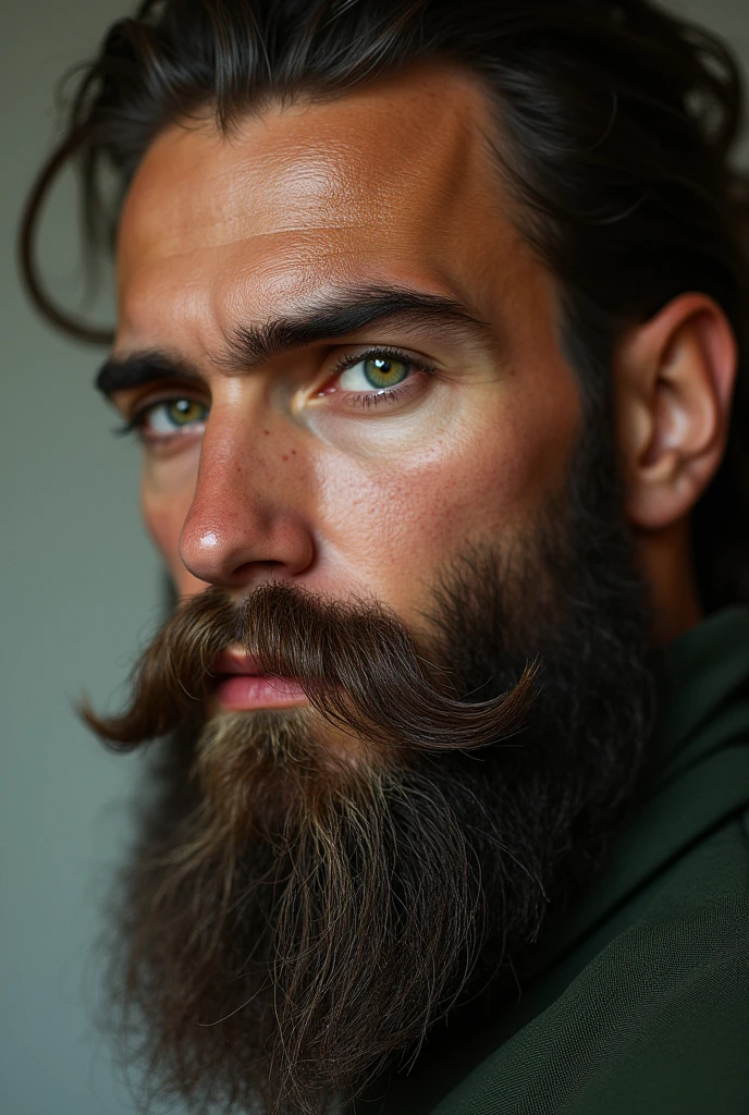 (Photorealism:1.2),A man with a long beard and green eyes