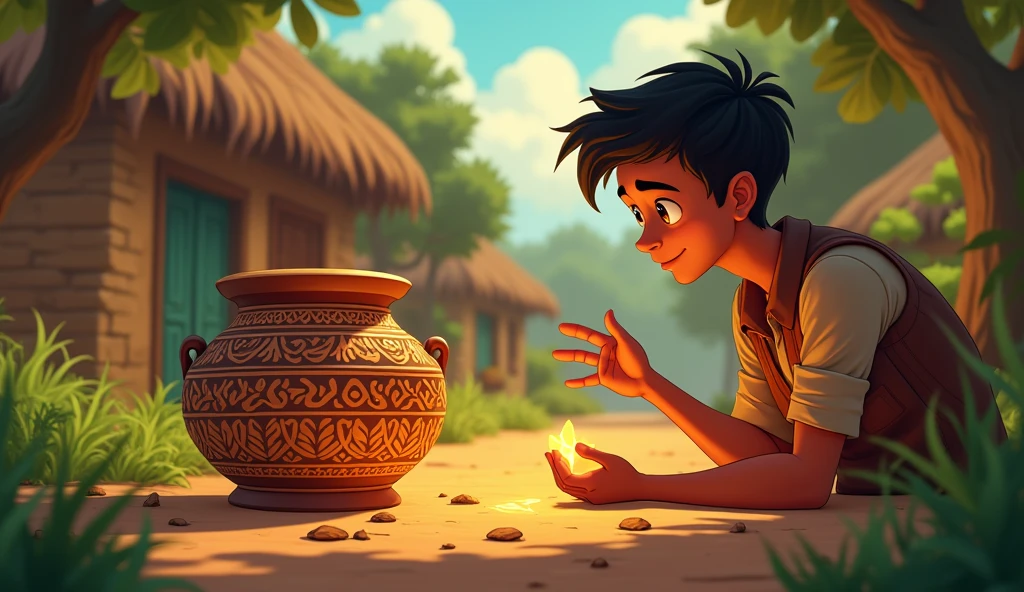 In cinematic 2d cartoon style log shot indian village A close-up of the pot, showing intricate carvings and glowing faintly under the sunlight, as the farmer curiously examines it.