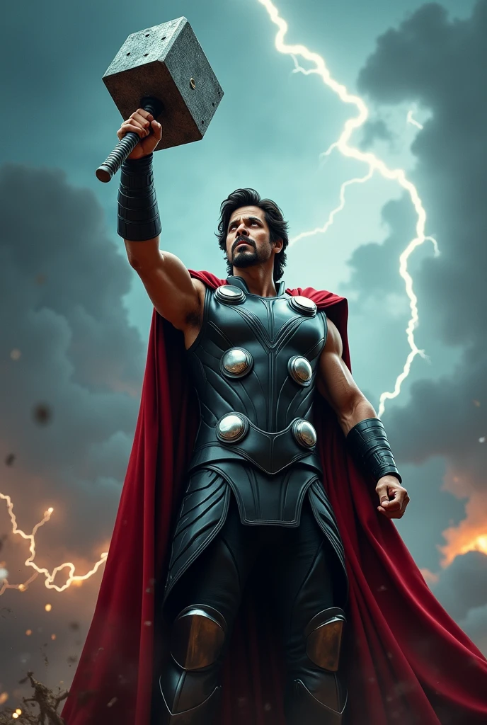 Realistic photo of shah rukh khan in thor lift a mjonir