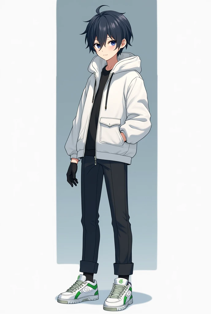 A male anime style character With slightly long, black hair with long hair between his eyes, big navy blue eyes, Jaketa Thick white jacket, black pants, white sneakers with green, and with black gloves.