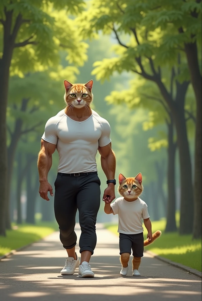 A humanoid body builder cat with his son walking in the park, wearing white shirts, black pants, and white rubber shoes, 8K