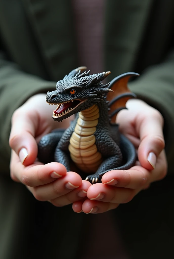 (photo:1.2) of Smaug dragon from LotR movie, so small, to be held by a woman hand in her hands. The dragon is extremely realistic and full of tiny details