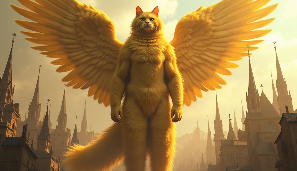 A cat, Color is yellow, So big it could swallow a poem, Holy, Seongsu, Stand on two legs, muscular body, Dressed in angel's clothes, A cat with a human face, 크기가 도시만한 고양이god, Rich medieval ancient city background, It is 100m in size, god화속세상, high detail, 8k, photorealistic, hyper realistic, god