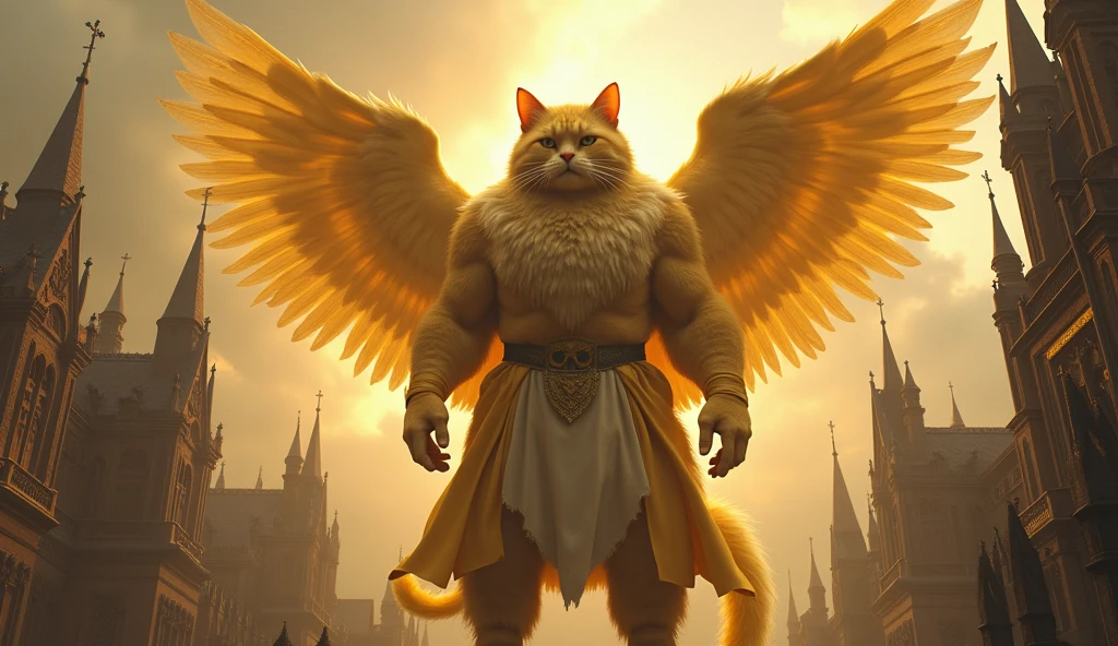 A cat, Color is yellow, So big it could swallow a poem, Holy, Seongsu, Stand on two legs, muscular body, Dressed in angel's clothes, A cat with a human face, 크기가 도시만한 고양이god, Rich medieval ancient city background, It is 100m in size, god화속세상, high detail, 8k, photorealistic, hyper realistic, god