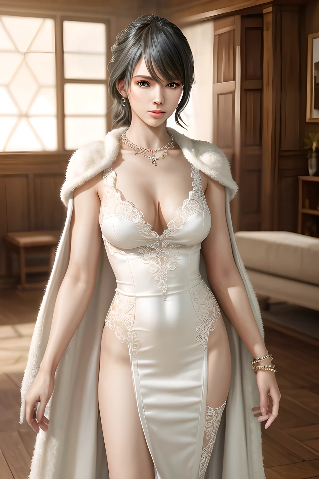 A lady with extraordinary temperament, she stands in a modern indoor space, as if she is a model from a fashion magazine. She is wearing a (pure white long fur cape), the softness and luster of which makes her look more noble under the light, and complements her (beige dress) underneath, showing her gentle temperament while maintaining a sense of fashion. The style of the dress is simple and generous, a perfect match, and it lengthens her figure, making her tall and charming. The lady's makeup is delicate and elegant, which just highlights her facial features and makes people unforgettable at first sight. Although the earrings and necklace she wears are not ostentatious, they add a bit of sophistication and nobility to her overall look. Her hair is casually draped over her shoulders, and every strand of hair exudes a natural luster,, (best quality,8k,highres,masterpiece:1.2),ultra-detailed,(realistic,photorealistic,photo-realistic:1.37),studio lighting,ultra-fine painting,sharp focus,physically-based rendering,extreme detail description,professional,vivid colors
