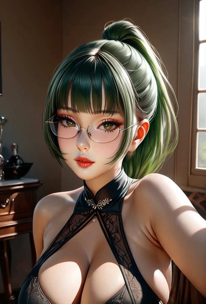 1girl, elegant erotic beautiful girl, big breasts, ((long green hair with pony tail and straight bangs)), glasses, maxi dress, adultery, indecent, vulgar, (best quality,4k,8k,highres,masterpiece:1.2),ultra-detailed,(realistic,photorealistic,photo-realistic:1.37),intricate details, delicate facial features, beautiful amber eyes, ulzzang, long eyelashes, small nose, full lips, porcelain skin, natural lighting, warm color palette, chiaroscuro lighting, dramatic shadows, sensual, alluring, mature themes, artistic, dreamlike, ethereal, sideboob, cleavage, looking at viewer, ulzzang, (green eyes), (close up face portrait),