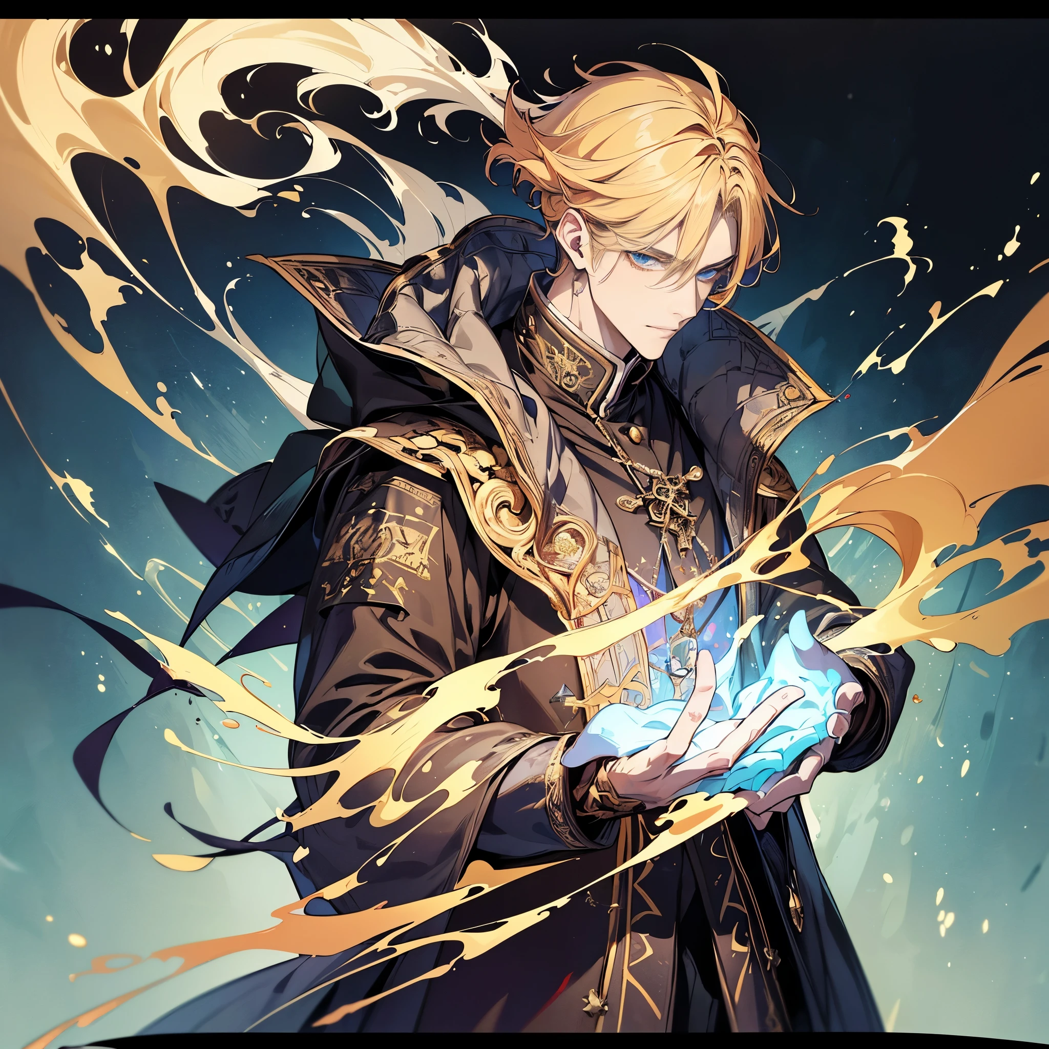 (in 8K、top-quality、masterpiece:1.2)、Vampire Lord、Cyberpunk men、fantasy worlds、dark backgrounds、Clean design、Magnificent Instagram、art stations、Colorful paint splatter、silhuette、Ultra-detailed intricate details、unrealengine、Fantasia、intricate detailes、Splash Screen、Complementary color scheme、Fantasy concept art、an oil painting、heavy strokes、Paint dripping、(isolated on white:1.3)、Rainbow skin、(((Handsome young man)))、(glowingblueeyes)、 ((Bright eye)), ((Long-Bang Yellow hair:1.1))), ((Black Millitary Coat)), (prinz\\(indifferent look\\),(Wearing a luxurious black robe with high detail))), Yellow-haired, Frost Rune magic, ((breastsout), ((Wizard)).