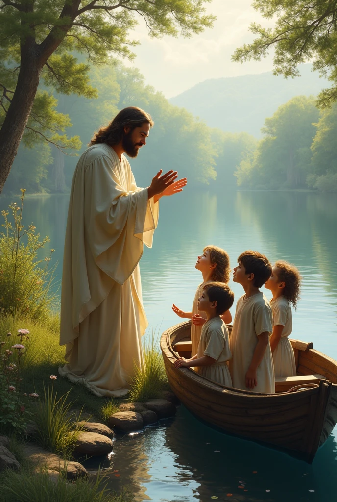 Jesus blesses the children, all turned towards the water, and next to them is a deep lake, and on the lake there is an old wooden boat with oars
