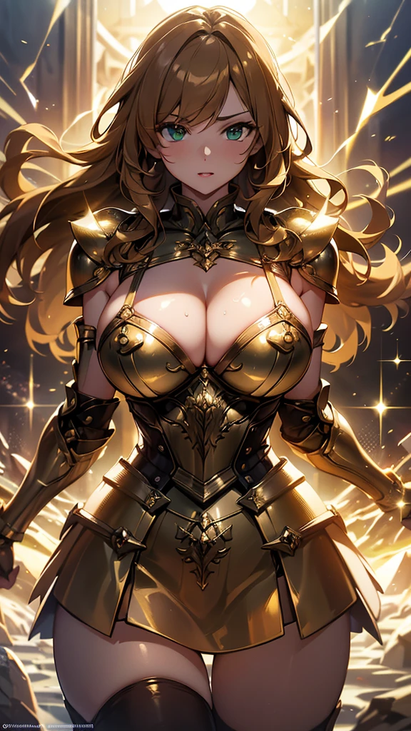 Highest image quality,Outstanding details,Ultra-high resolution,4K image, assembly, best quality, masterpiece, movie lighting ,Sexy,Huge breasts,cleavage,action,In battle,light beam from hand,Golden lightning surrounds,Brown curls,Green eyes,Lipstick,Gold armor,There are cracks on the armoghting hard