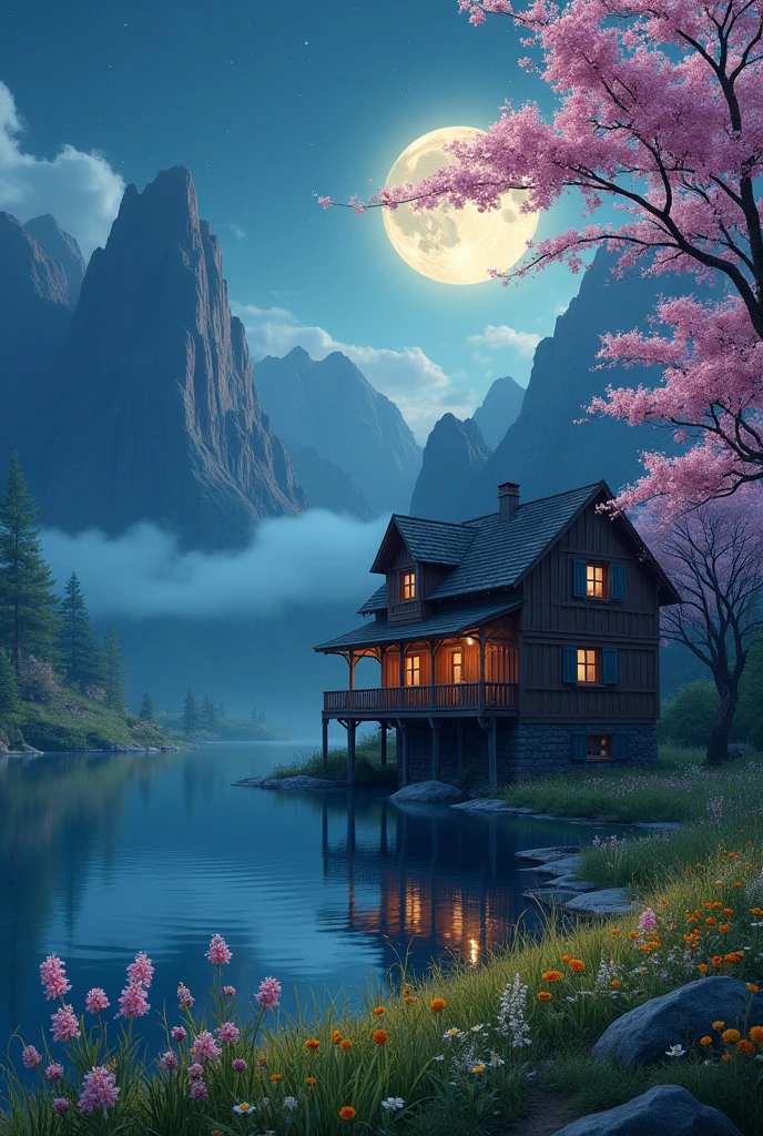 (photorealism:1.2), beautiful woman, sitting on bed, wearing loose off-shoulder top, pajama pants, long curly hair, indoors, soft lighting, plants in background, window with sunlight, cozy room, relaxed pose, realistic, intricate details, warm colors, by Greg Rutkowski, by Alphonse Muchaserene, moonlit night scene featuring a rustic wooden house with a thatched roof perched on stilts over a tranquil lake. The house is warmly illuminated from within, casting a gentle glow on the water. Surrounding the house, a lush meadow filled with colorful wildflowers stretches out toward the foreground, with vibrant pink and purple blossoms in full bloom. A single swan glides gracefully on the still water, while two birds soar in the misty sky. In the background, towering mountains shrouded in mist rise under a bright full moon, partially obscured by wisps of clouds. Nearby, a cherry blossom tree in full bloom adds a touch of delicate beauty, its pink petals contrasting with the dark, verdant foliage."
This prompt should help recreate or inspire similar scenes.
ChatGPT can make mistakes. Check important info.