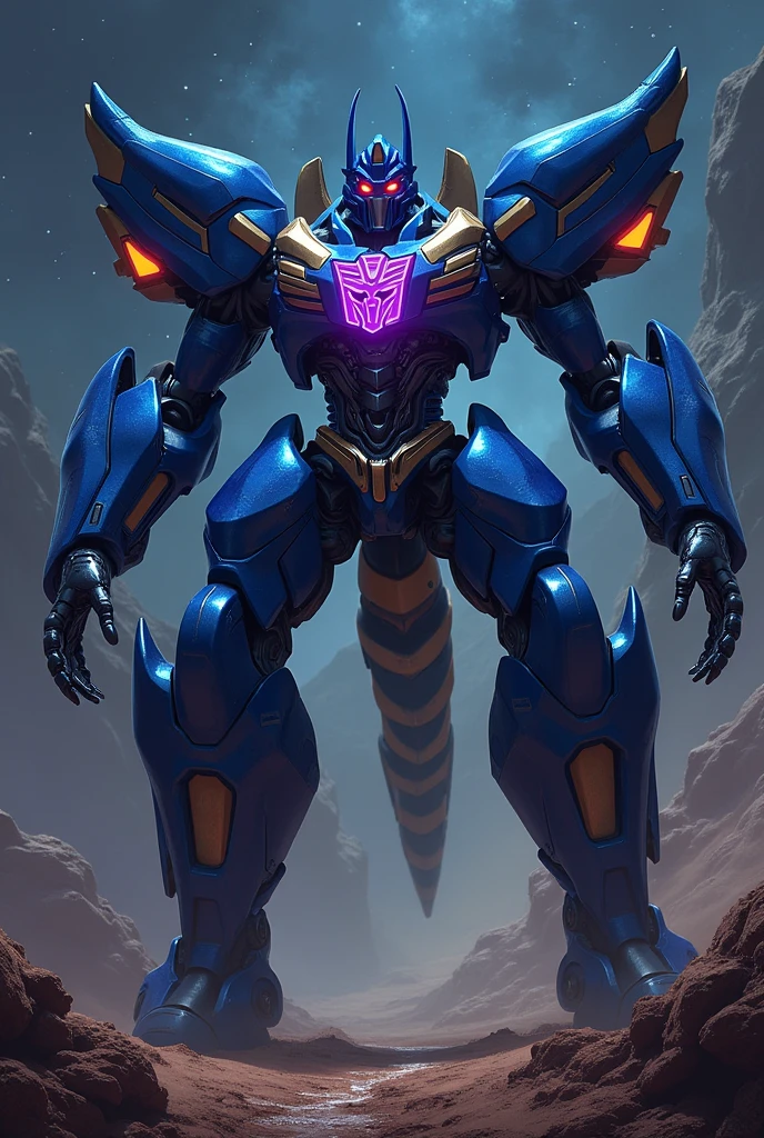 The decepticon Dark Nova has to be in the form of a scorpion with six dark blue legs with hands on the tip of each leg, two legs and a tail.. The head should have a blue Egyptian helmet with the white face of Megatron with fangs, red eyes and two antennas on each side of the head.. On the body there must be a large Decepticon symbol in purple with two red eyes., In the stomach there should be a vertical mouth with white and sharp teeth. The tail should be a golden mechanical one with stripes with a barrel at its end..Both legs should be like blue varitech with the ends shaped like hooves and a black heel.fly in space between the stars