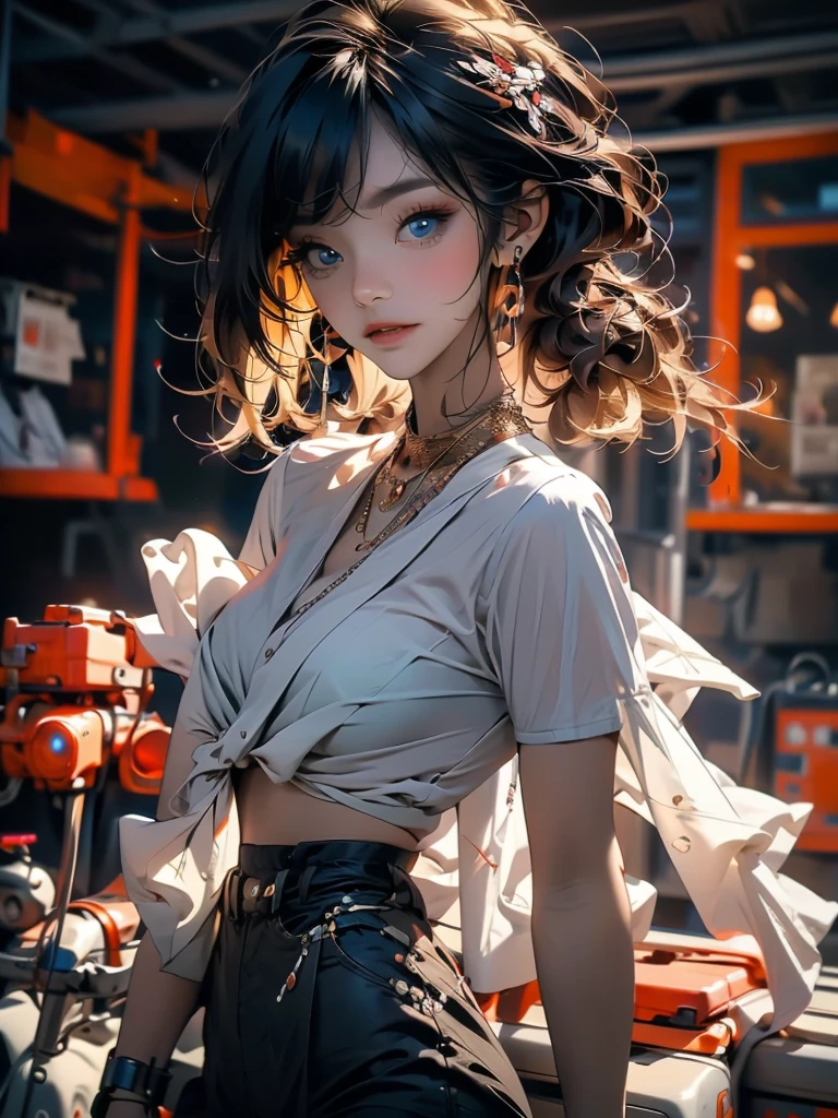 best quality, masterpiece, high resolution, A girl, blond, blue eyes, Fashion Clothing, necklace, jewelry, Pretty Face, Perfect breasts, more than_Body, Tyndall effect, lifelike, Dark Studio, Side light, Two-color lighting, (HD Skin:1.2), 8K Ultra HD, SLR camera, Soft Light, high quality, Volumetric Lighting, frank, photography, high resolution, 4K, 8k, Bokeh,