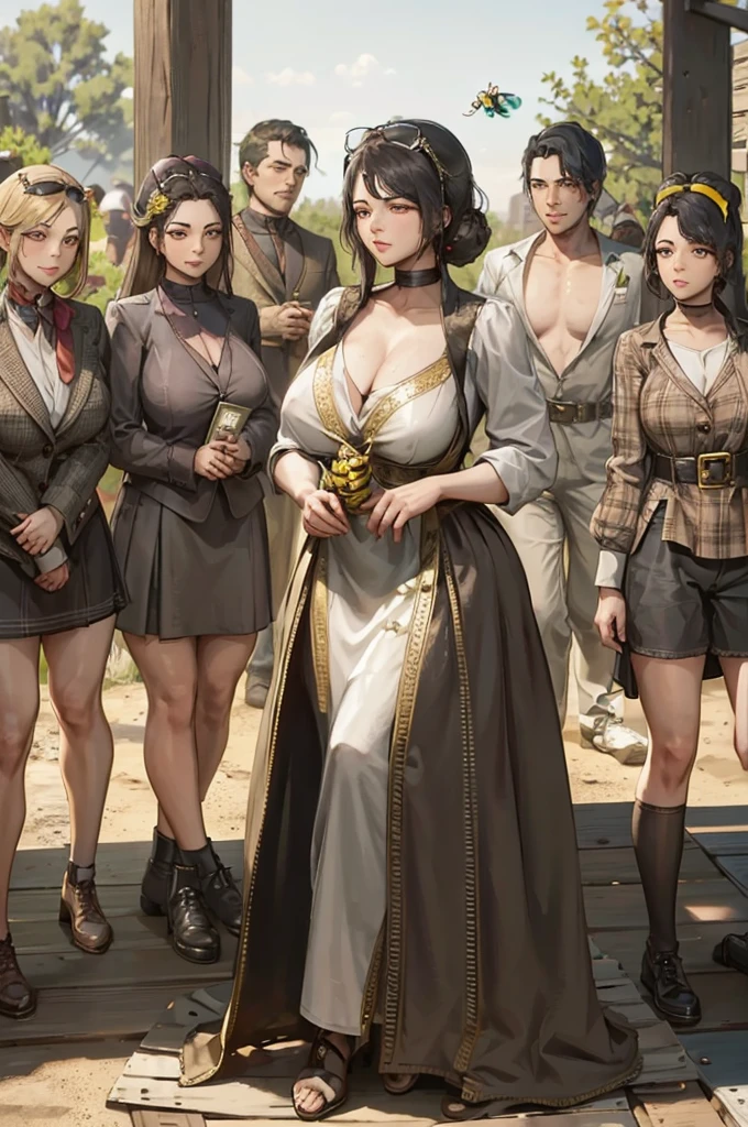A human woman combined with a bee,Multiple people lined up,Beehive on background