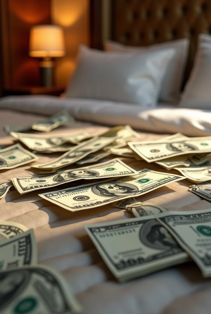 Create an image with 30 thousand dollars in bills on top of a bed with the money spread out
