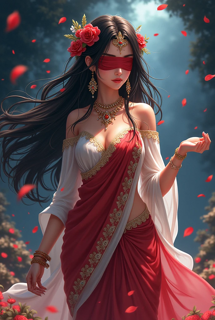 Create a anime style landscape image. Digital anime illustration featuring a woman with long, flowing dark hair adorned with intricate floral and jewel headpieces. She is wearing a red and white sari with gold embroidery and detailed jewelry, including necklaces, bracelets, and earrings. Her eyes are covered with a red blindfold, adding a sense of mystery. The background is dark with soft, glowing lights and floating petals, creating a mystical atmosphere.