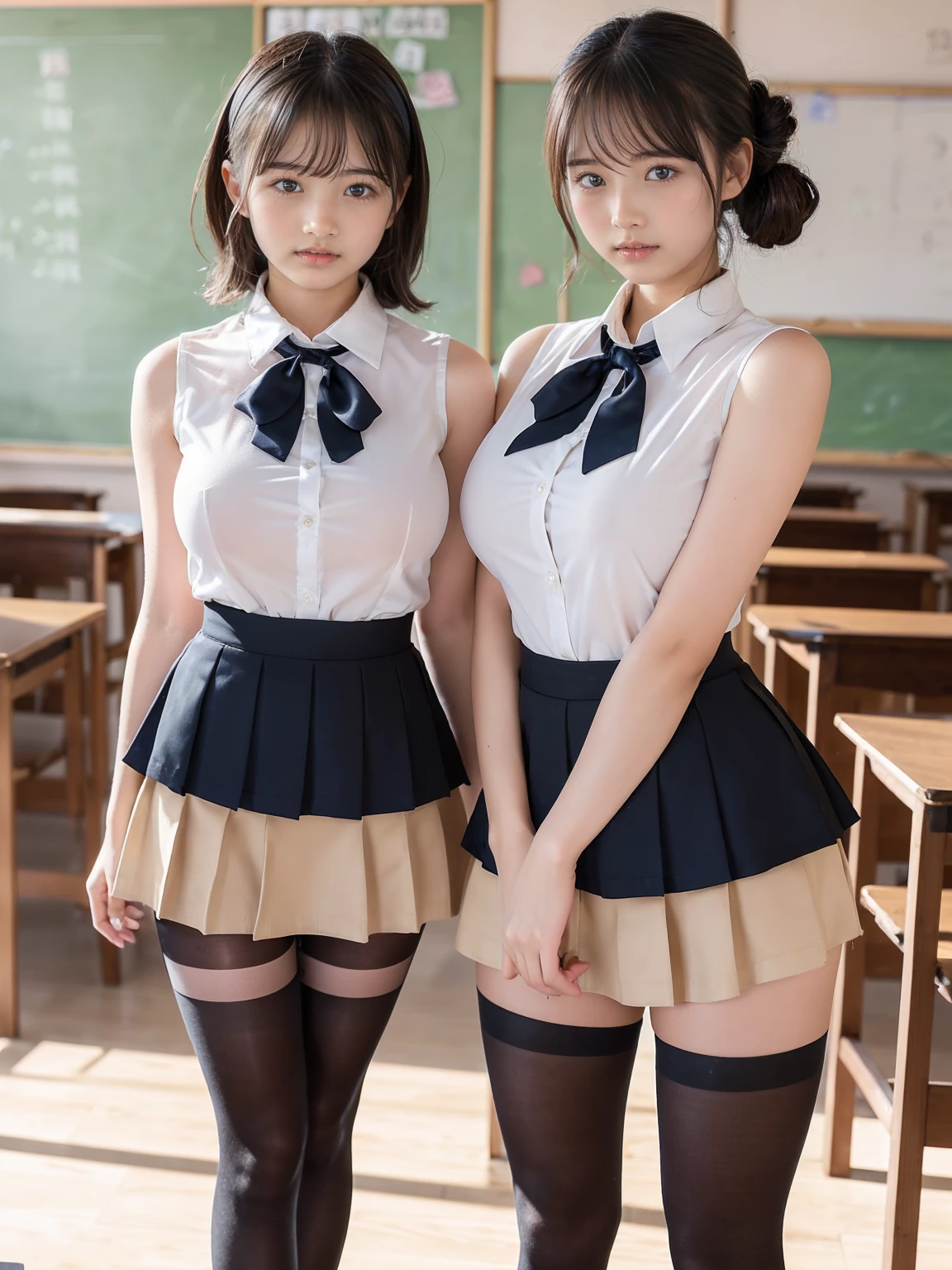 Great quality, 16K, (RAW Photos:1.4), Ultra-high resolution, ((Composition away from the subject)), ((顔から足首までのFull body photo)), ((Perfect Anatomy)), 2 women, , (Please take a picture from the front.), First Person View, Anatomically correct, Super Detail, (8k), Very detailed, Golden Ratio, (二人の背の低い日本のPrimary school students) , (F Cup Big:1.7), (Huge breasts:1.4), Cleavage, (Two Sisters), (Full body photo), ((The uniform consists of a navy blue sleeveless shirt with a red ribbon and a beige tight miniskirt.)), Detailed skin, Glowing Skin, , double eyelid, eyes with long eyelashes, Small face, Three Sisters,(Super cute smiling face), blonde, short hair, hair band, Glare, Blushing, Verbal invitation, Feeling embarrassed, Overlooking here, Please stand in the center of the classroom., Stretch your back, The room is bright, (Gorgeous black tights), Brown high heels, Beautiful Hairstyles, Keep your hands on your hips, Stand with your feet shoulder-width apart), Simple uniforms, The sisters wear the same uniform, Sleeveless uniforms, (I always wear black tights), (The tight mini skirt is beige, that&#39;It&#39;s so short that you can see her black panties), (Oily shiny black tights) , (Wearing high heels), (Very wide thighs), (Plump legs), Street Snap,(The skirt is very short),(She always wears black tights...), (Oily shiny black tights), (Wearing high heels), (Erect nipples:1.3)、(Young face:1.5)、(Primary school students:1.5)、(Short:1.5)