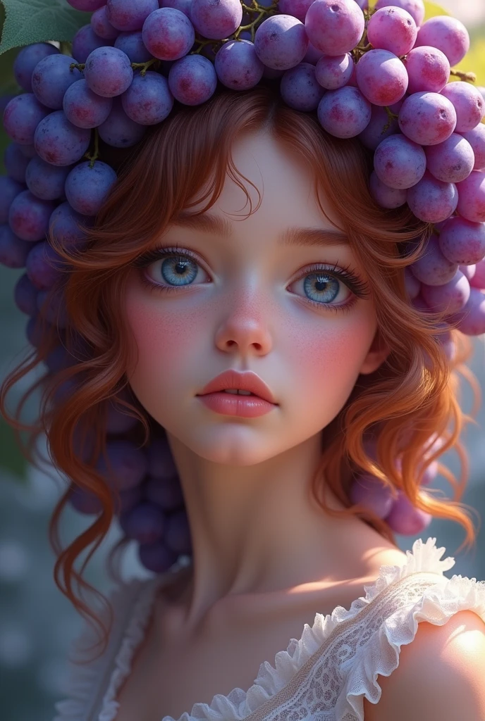 Create a eye-catching image of girl wearing grapes.