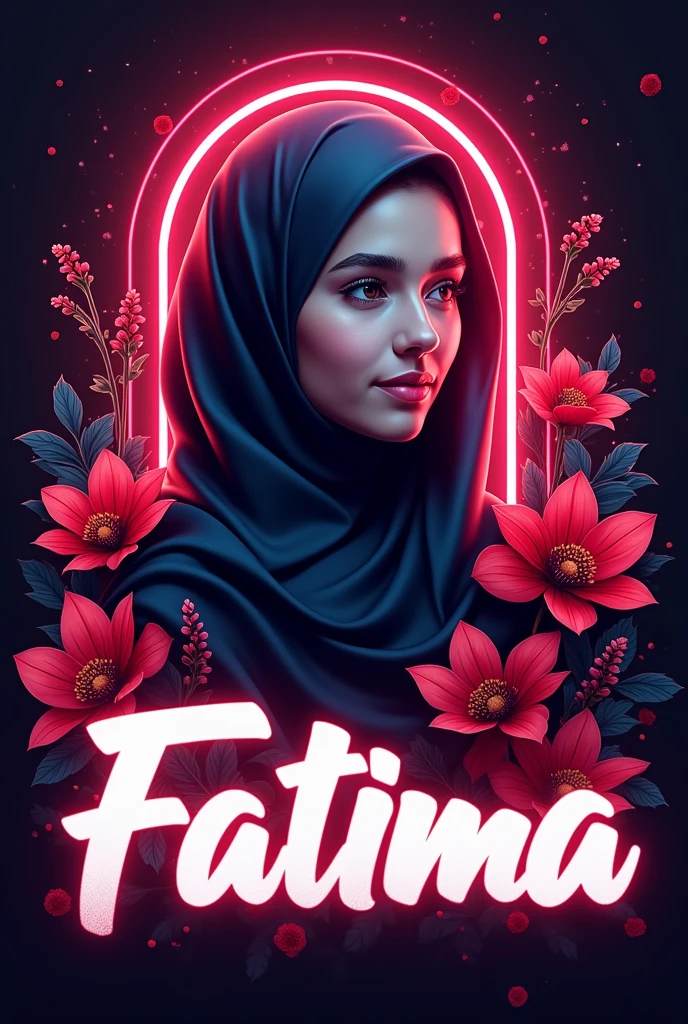 This image features a graphic design with a central character wearing a hijab., . Around the character, there are neon light effects and red flowers, which looks like digital art rather than real flowers. The name “FATIMA” is clearly displayed at the bottom of the image in white letters that have a shadow effect so that it looks three-dimensional.. Overall, The aesthetic of this image is bright and modern., with the contrast between the dark background and the bright neon colors