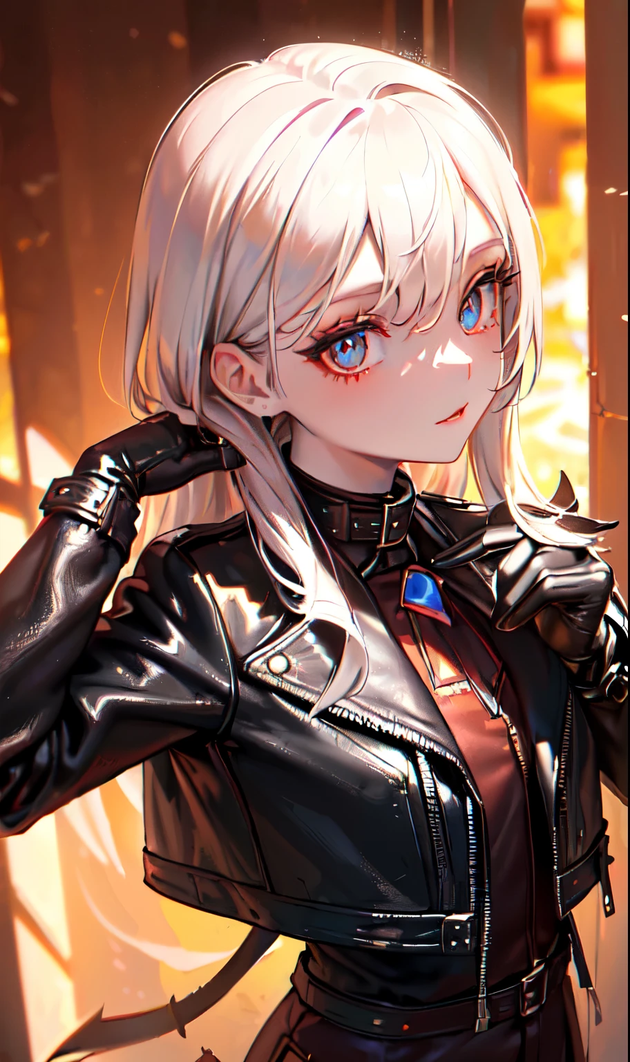 (masterpiece, side light, fine beautiful eyes: 1.2), (masterpiece* portrait), portrait, (bust), realist, 3d way, sweet skin, (Alone), (Closeup of face), (Fire opal like crimson eyes), Hanging corner of the eye, ((high detailed leather, visible pores)), (Perfect shape), a beautiful girl, little , (((wool jacket)), (collar), (Short glove as short as half the palm)