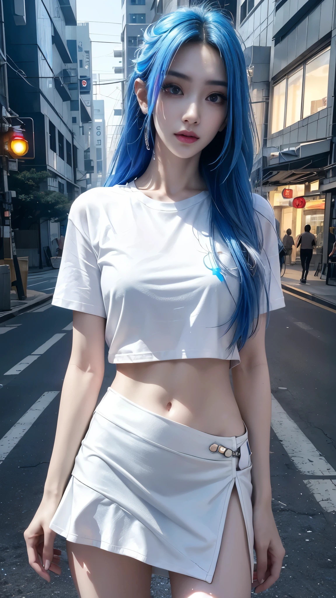 8k, UHD, masterpiece, 1 girl, ((good face)), very long hair, light makeup, (white skin:1.2), detailed eyes, small bust, simple cyberpunk clothing, ((white t-shirt)), ((mini skirt)), (cyberpunk lighting:1.4), (building roadside), light effect, light reflection, ((spreading lights)), cyberpunk, cybercity, futuristic, (night), ray tracing, bloom, perfect pose,