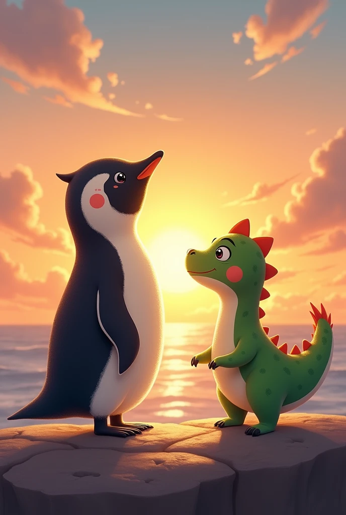 Penguin and cute dinosaur watching the sunset