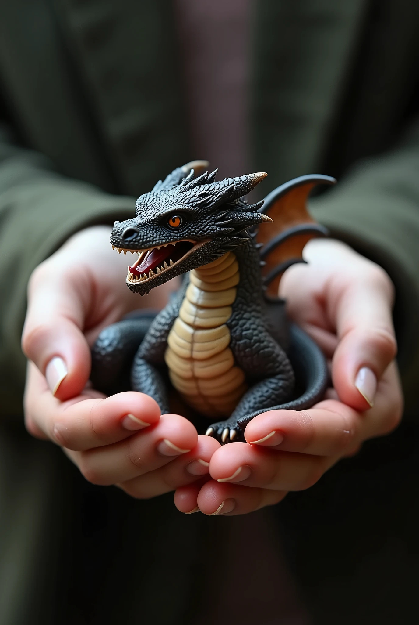 (photo:1.2) of Smaug dragon from LotR movie, so small, to be held by a woman hand in her hands. The dragon is extremely realistic and full of tiny details