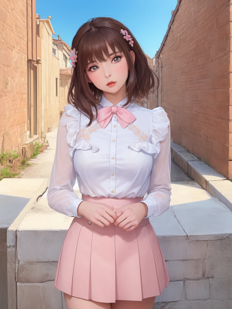 (masterpiece, top quality, best quality, beautiful and aesthetic:1.2), 1girl, solo, extremely detailed, highest detailed, brown hair,white shirt, pink skirt, blue sky, roma city,
looking at viewer,Audrey Hepburn