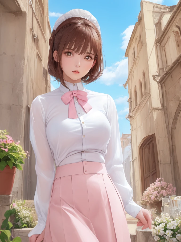 (masterpiece, top quality, best quality, beautiful and aesthetic:1.2), 1girl, solo,  extremely detailed, highest detailed, brown hair,white shirt, pink skirt, blue sky, roma city,
looking at viewer,Audrey Hepburn  