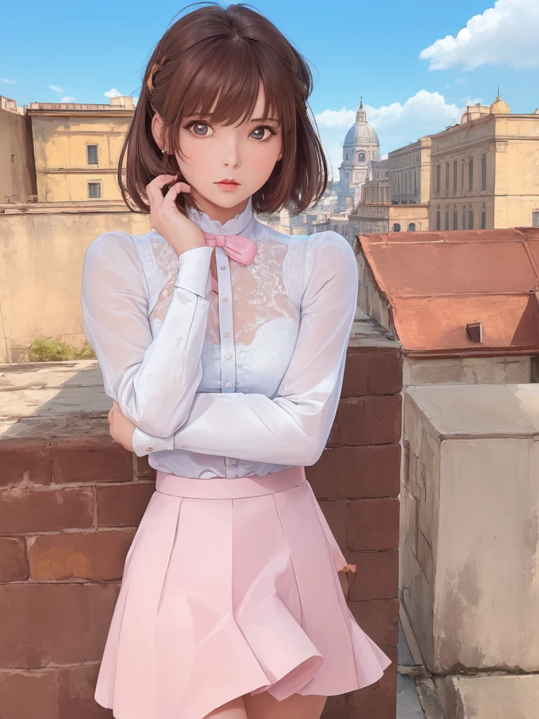 (masterpiece, top quality, best quality, beautiful and aesthetic:1.2), 1girl, solo, extremely detailed, highest detailed, brown hair,white shirt, pink skirt, blue sky, roma city,
looking at viewer,Audrey Hepburn