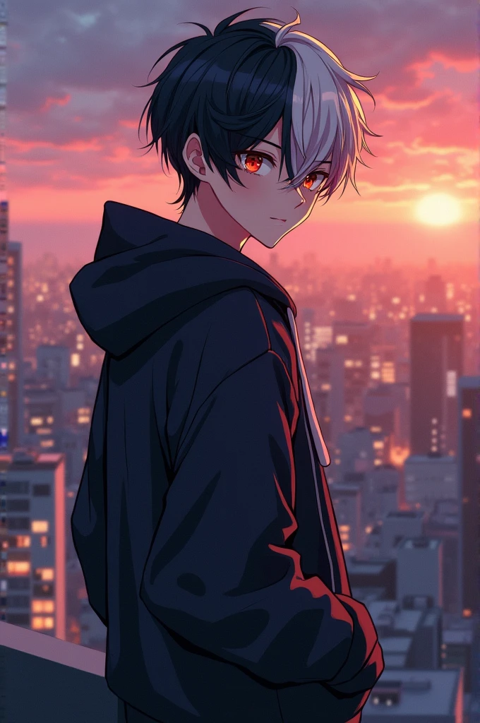 A aesthetic Cool anime boy with half black and white hair his left eye is red color and right eye is yellow color Wearing hoddie and standing on top of high building rooftop evening time