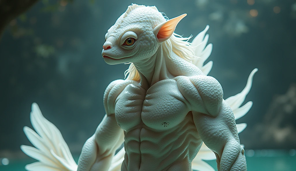 Homme-poisson, musclée et beau, avec des écailles blanche nacrés sur tout son corps , Oreilles d'elf , nageoire caudale et dorsale visible, avec des jambes, cheveux semi long