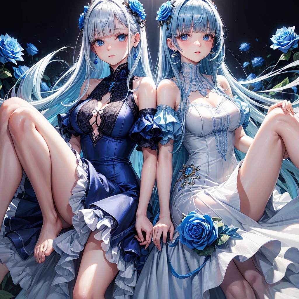 ((Highest quality)),(Ultra-high resolution),flared skirt dress,High neck、The dress is made of blue roses、Highly detailed CG Unity 8k wallpaper, , Earrings, Blue hair, Curly Hair, Blunt bangs, Straight bangs, Blue eyes, White skin, Gal, Improve、Her flat chest is hidden by her dress、Reduce exposure