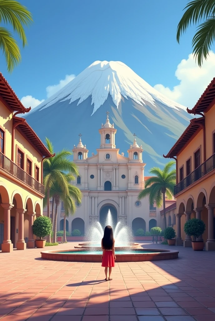 The Plaza de Armas of Arequipa is a large space surrounded by colonial arches, with a majestic white ashlar cathedral and a central fountain, all framed by the imposing Misti volcano. big peru only stage without people in disney pixar drawing  ,the stage in the middle I will put a girl put a space