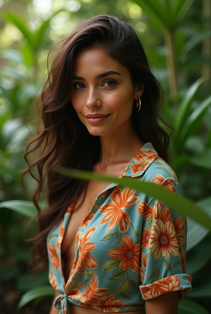 A Brazilian woman in a lush tropical garden, wearing an open shirt with a floral print, with a close-up capturing the harmonious beauty between her breasts and the natural flowers, showing off your natural charm and outgoing personality.