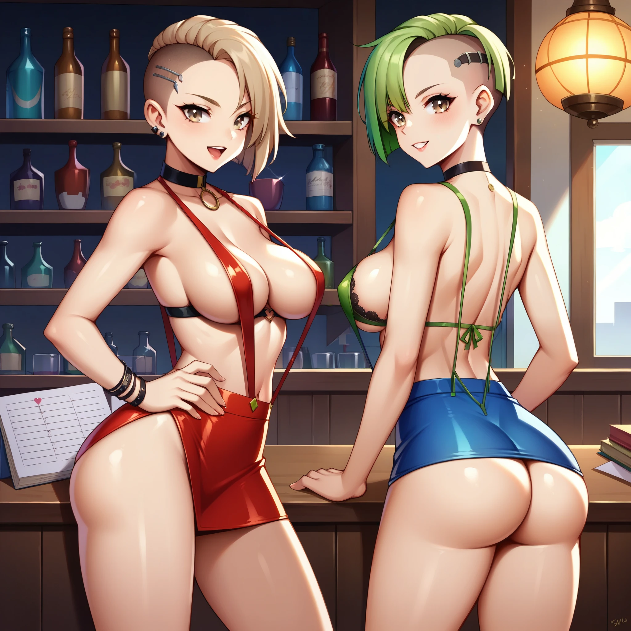 Wide view, 2 women at a cozy small bar, (Vin, a human female, with green eyes and (green hair) (middle-parted double braids), wearing sexy office top, slim and sexy figure) and (Naz, a 30-year-old human female, light brown eyes and ((short blond hair, asymmetrical cut)), Naz wears a slingshot bra and a tight red mini skirt, medium-sized, perky breasts, medium round ass),