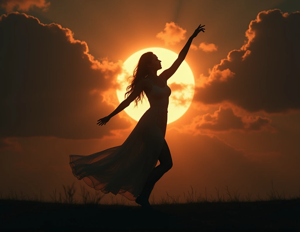 woman dancing with an eclipse in the background