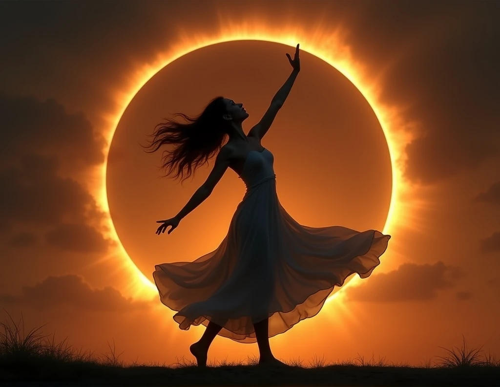 woman dancing with an eclipse in the background