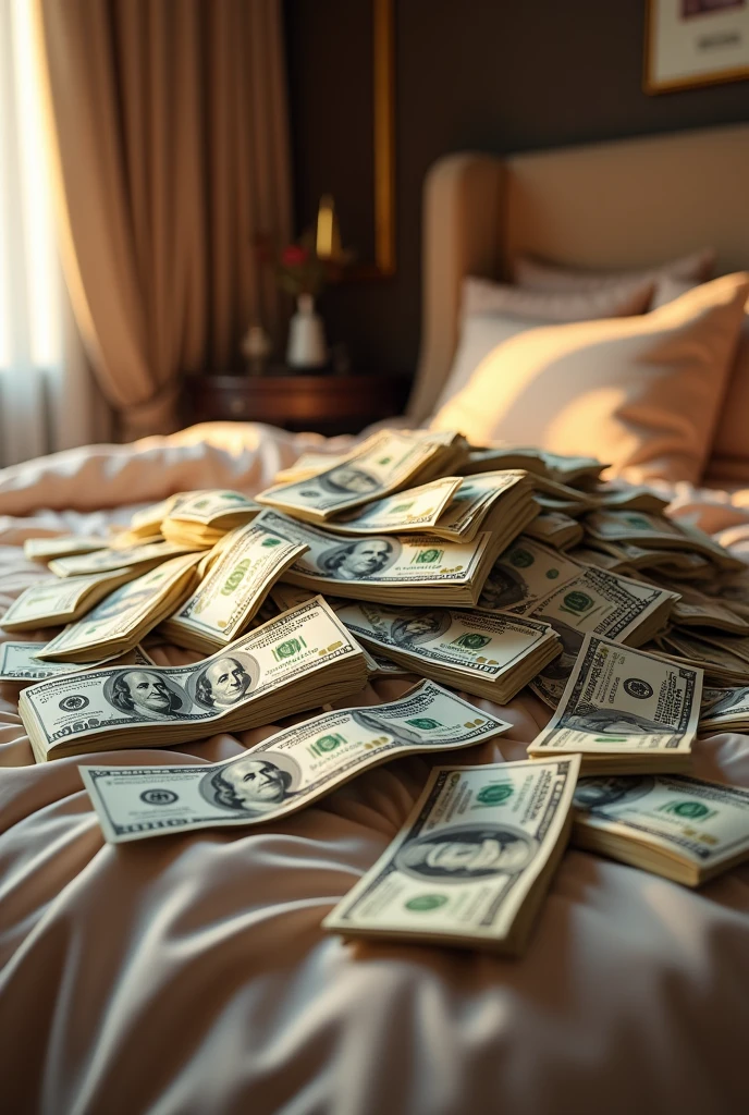 Create an image with 30 thousand dollars in bills on top of a bed with the money spread out