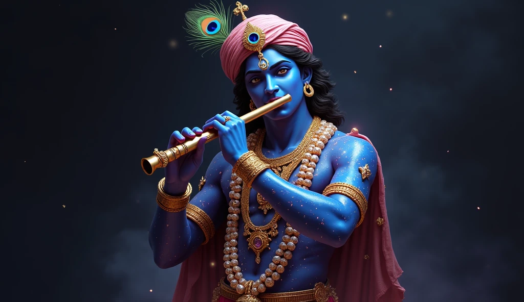 Lord Krishna, depicted in a hyper-realistic and highly detailed form, playing his divine flute. His entire body is adorned with radiant crystals that shine with a divine, ethereal glow. His skin, a deep and mesmerizing shade of blue, sparkles with intricate, jewel-like patterns. He wears a traditional turban with a peacock feather delicately placed at the top. His attire is richly decorated with ornate jewelry, including gold and bejeweled necklaces, bracelets, and anklets, all adding to his majestic appearance. The scene is bathed in a soft, mystical light, highlighting every detail of his divine form, creating an aura of spiritual serenity and divine energy. The background is kept minimalistic to focus on the divine figure, with subtle hints of a cosmic backdrop to emphasize his celestial nature. The overall composition should exude a sense of divinity, tranquility, and spiritual grace, with each crystal on his body shimmering as if blessed by the divine energy.