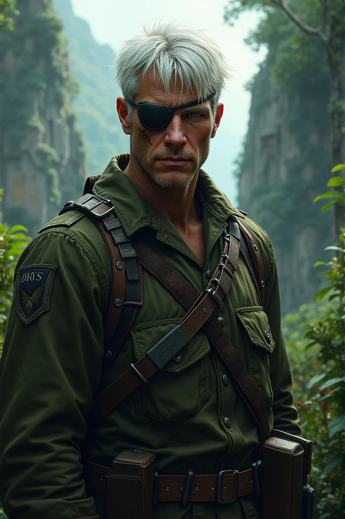 Young white haired military man with eye patch and scar with lost island background profile picture